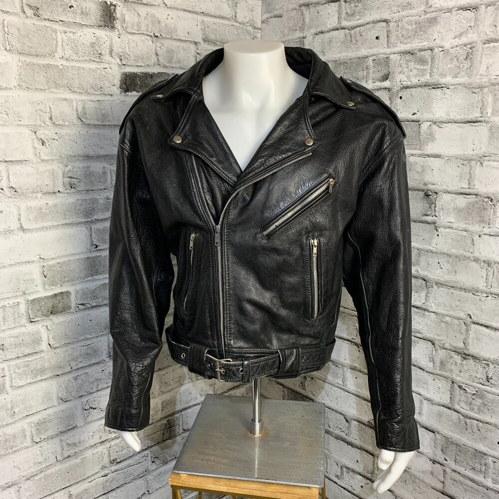 Vintage Black Leather Motorcycle Jacket Biker Distressed Moto Coat